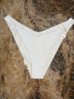 aerie White Ribbed High-Leg Bikini Bottom with Hip Rings